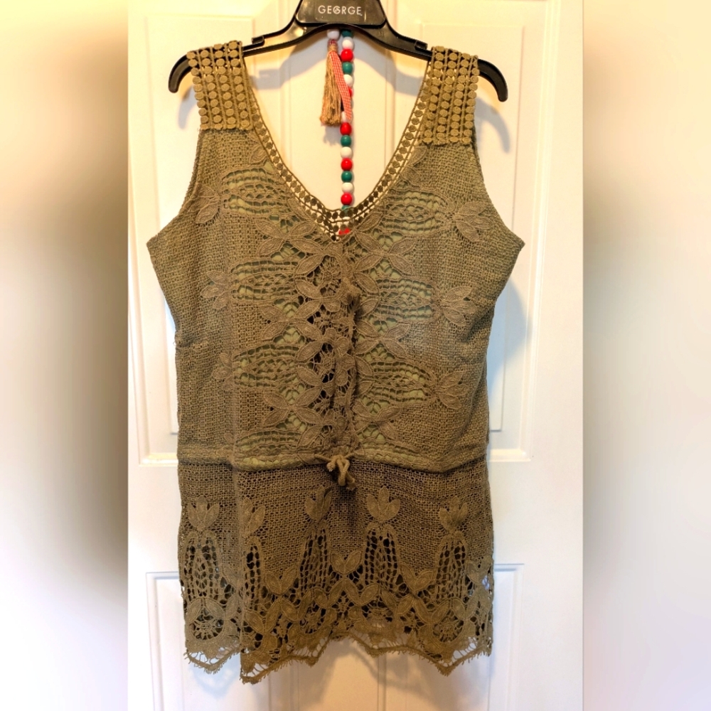 Jaded Gypsy Olive Crochet Sleeveless Top